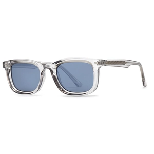 Polarized square sunglasses with transparent gray frames and light blue lenses for men and women