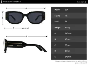 Detailed sizing chart and specifications for retro cat-eye sunglasses with PC frame
