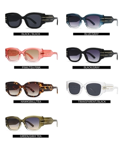 Detailed side view of wide frame sunglasses featuring double gold line metal temples