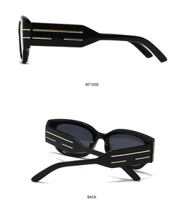Side and back view of black cat eye sunglasses featuring gold parallel temple accents