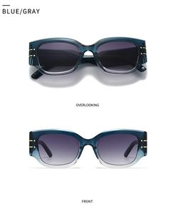 Detail of retro cat-eye sunglasses in blue-gray with gold metallic temple accents