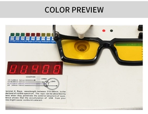 UV400 testing of black square frame sunglasses showing professional eye protection