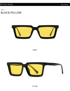 Front and 45-degree side views of square polarized sunglasses with black frames and yellow lenses