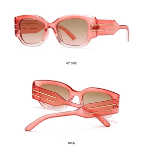 Detail view of pink cat-eye sunglasses featuring golden metallic temple accents