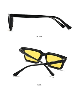 Detail view showing the 90-degree side profile and back folding of black square sunglasses