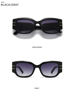 Front and top view of retro cat eye sunglasses with golden triple dot temple detail
