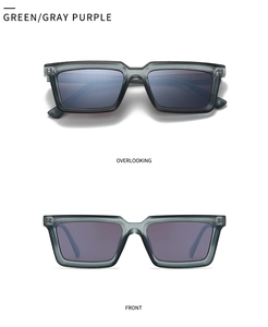 Detail view of square polarized sunglasses with grey translucent frames and purple lenses