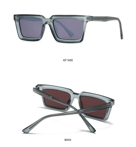 Detail view of square translucent grey sunglasses with blue-purple coated lenses