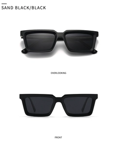 Dual view of sand black polarized rectangular sunglasses with dark lenses from front and top