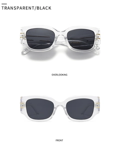 Detailed views of transparent retro cat eye sunglasses with gold hinge accents and black lenses