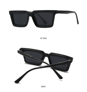 Polarized square frame sunglasses with 45-degree side view and detailed back view