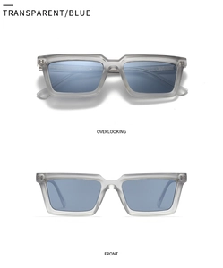 Detail view of transparent grey square sunglasses with light blue lenses and silver rivets