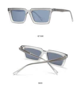 Detailed views of polarized square sunglasses with gray frosted frames and blue lenses