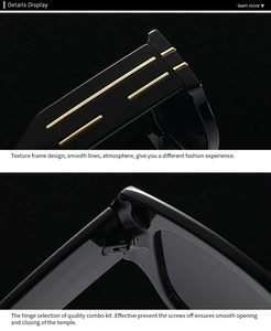 Detail showing sleek black temples with gold triple stripes and durable hinge construction