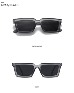 Detailed views of grey square polarized sunglasses with dark lenses and durable frame