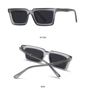 Detail view of square polarized sunglasses with textured temples and translucent grey frames