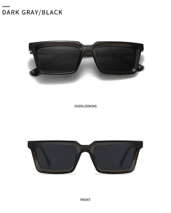 Front and top views of dark gray polarized square sunglasses with minimalist frames