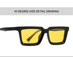 Detailed 45-degree side view of square black frame sunglasses with vibrant yellow lenses