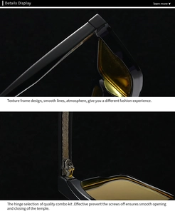 Detailed macro view of reinforced gold metal hinges on black textured square sunglasses