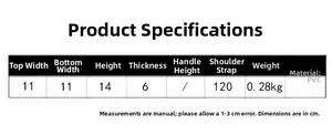 Detailed size chart for acrylic box bag showing PVC material and product dimensions
