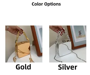 Comparison of gold and silver metallic box clutches with chunky chain handles