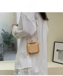 Golden octagonal metal box bag with mirror finish and elegant ball clasp worn by model