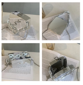 Detailed views of silver mirror acrylic evening clutch with dual chain straps and interior