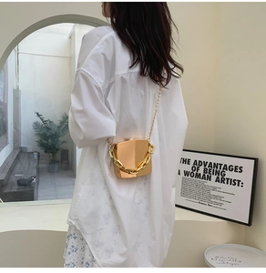 Chic gold metallic box bag with chunky chain and crossbody strap shown on model