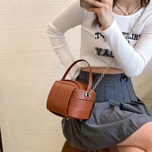 Fashion brown woven PU leather box bag with top handle and silver chain strap for women