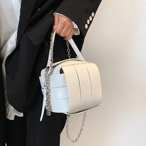 Minimalist white color-block box handbag with silver chain and leather handle decoration