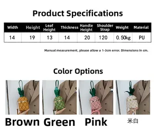 Detailed size chart and color options for the pineapple shaped PU leather crossbody bag