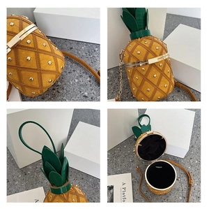 Detailed views of pineapple-shaped crossbody bag with gold rivets and chain strap
