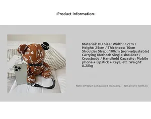 Detail shot of brown bear crossbody bag showing size comparison next to a smartphone