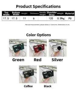 Detailed size chart for the camera shaped patent leather crossbody bag with PU material specs
