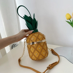 Pineapple Shaped PU Leather Crossbody Bag With Rivet Decor Metal Chain Strap Novelty Fruit Handbag For Women Girls