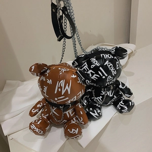 Funny cartoon bear crossbody bag in brown and black PU leather with graffiti chain