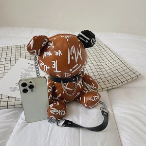 Funny cartoon brown bear crossbody bag with graffiti lettering and silver chain strap