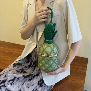 Creative pineapple shaped handbag with gold rivets and metallic chain strap for women