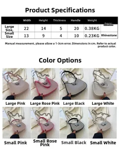 Tableau des tailles pour sac croissant en strass avec dimensions et poids pour deux tailles