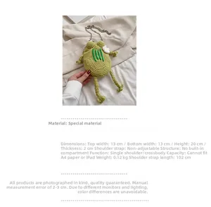 Detailed specs of green crochet frog crossbody bag with chain strap and flower decor