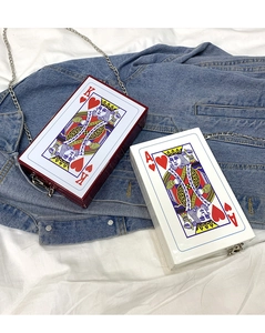 Detail of playing card box bags featuring King and Ace of Hearts with silver metal chains