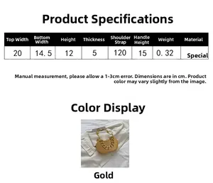 Size chart showing gold geometric chain bag dimensions 20x12x5cm and handle height 15cm