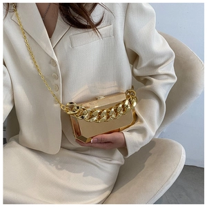 Detail of gold metallic box clutch featuring chunky chain strap and luxury mirror finish