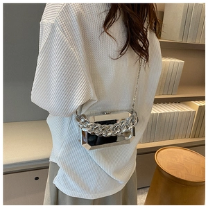 Silver metallic box bag with chunky chain strap worn by a model in a modern library