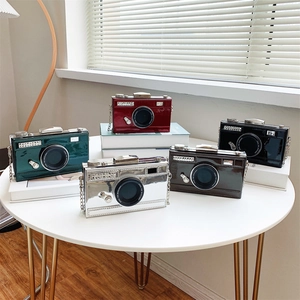 Vintage Camera Shaped Crossbody Bag Shiny Patent PU Leather Metal Chain Strap Fashion Korean Style Box Handbag For Women