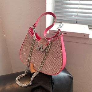 Sac Hobo En Strass Cuir PU Sac À Main Épaule Sous Les Aisselles Étincelant Avec Chaîne En Métal Pour Femme Fête Soirée