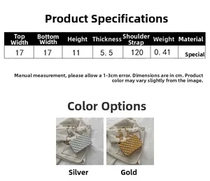 Size chart for acrylic box clutch featuring dimensions, chain length, and silver/gold options