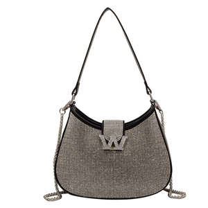 Sac bandoulière chic en strass argentés avec boucle W en métal et doubles lanières