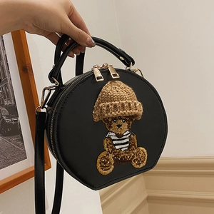 Cartoon Teddybär Runde Schultertasche Damen PU Leder Umhängetasche Süße Dreidimensionale Strick Tier Mini Geldbörse
