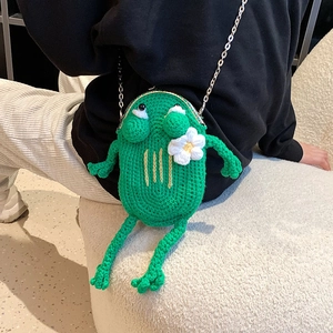 Handmade green crochet frog crossbody bag with metal clasp and chain strap for women